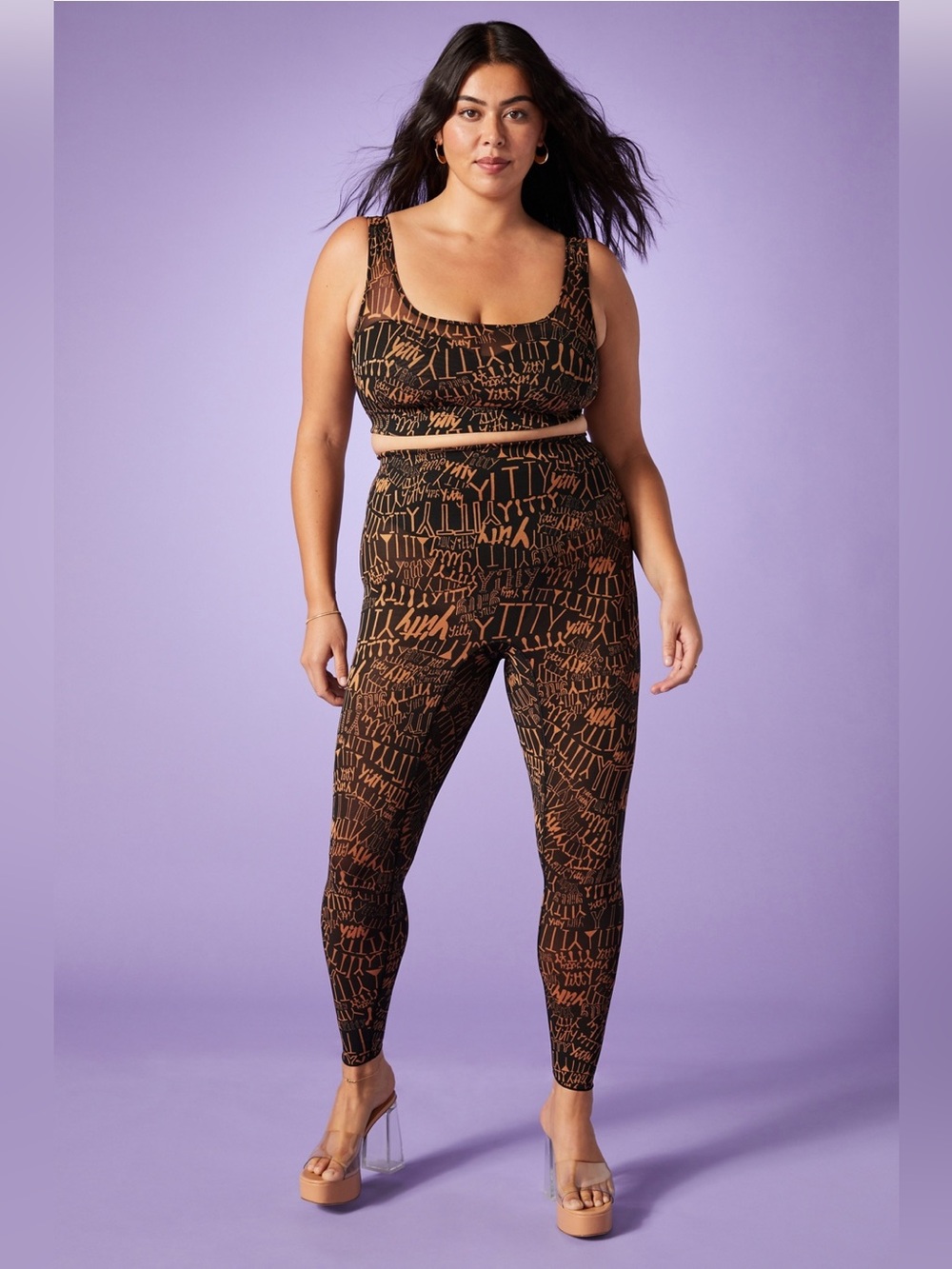 Yitty Fabletics Mesh Me Smoothing High Waist Legging Black & Tan Printed size 5x